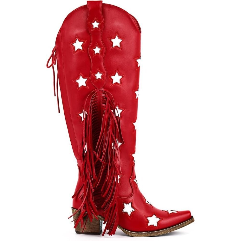 Women Red Star Synthetic Fringe Thigh High Tassel Wide Over Knee Pointed Boot